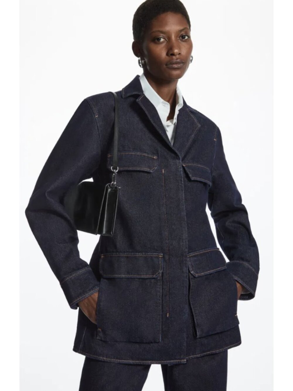 COS Utility Style Denim Jacket Large Minimalist Chore Coat Office Cotton Indigo